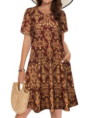 Women's Wine Red Yellow  Sleeve Floral Sundress Beach Cover Mini Dress